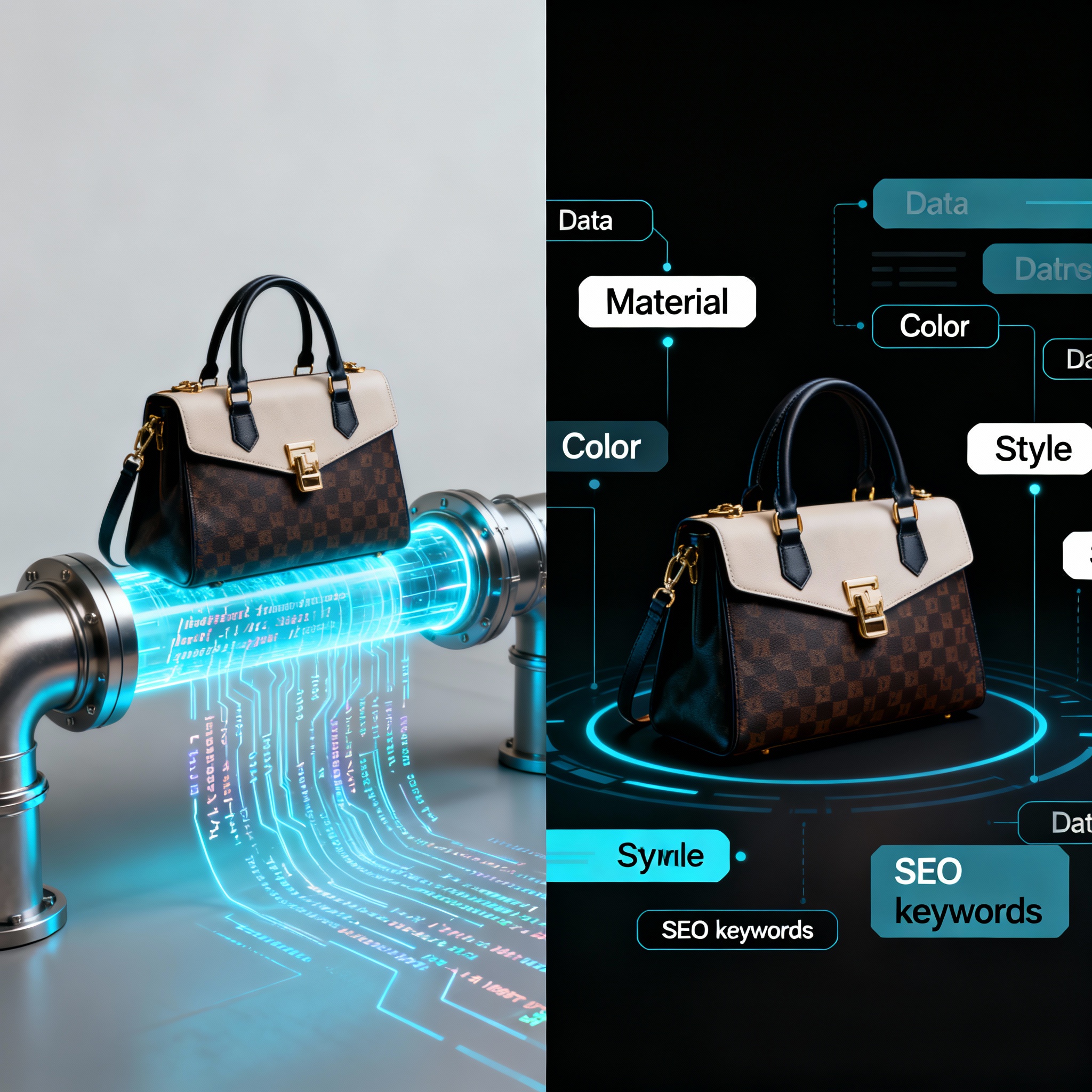 Visual representation of AI-driven image analysis, extracting product features and SEO keywords